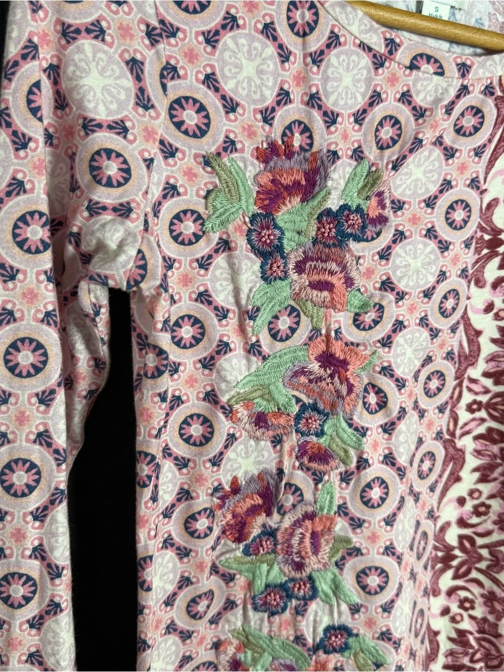 Sundance Long Sleeve Floral Patchwork Tee in Pink, Burgundy, Green